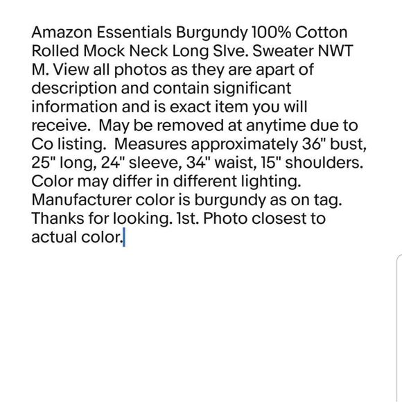 Amazon Essentials 100% Cotton Rolled Mock Neck Burgundy Sweater New W/Tags Sz.M - Picture 9 of 12